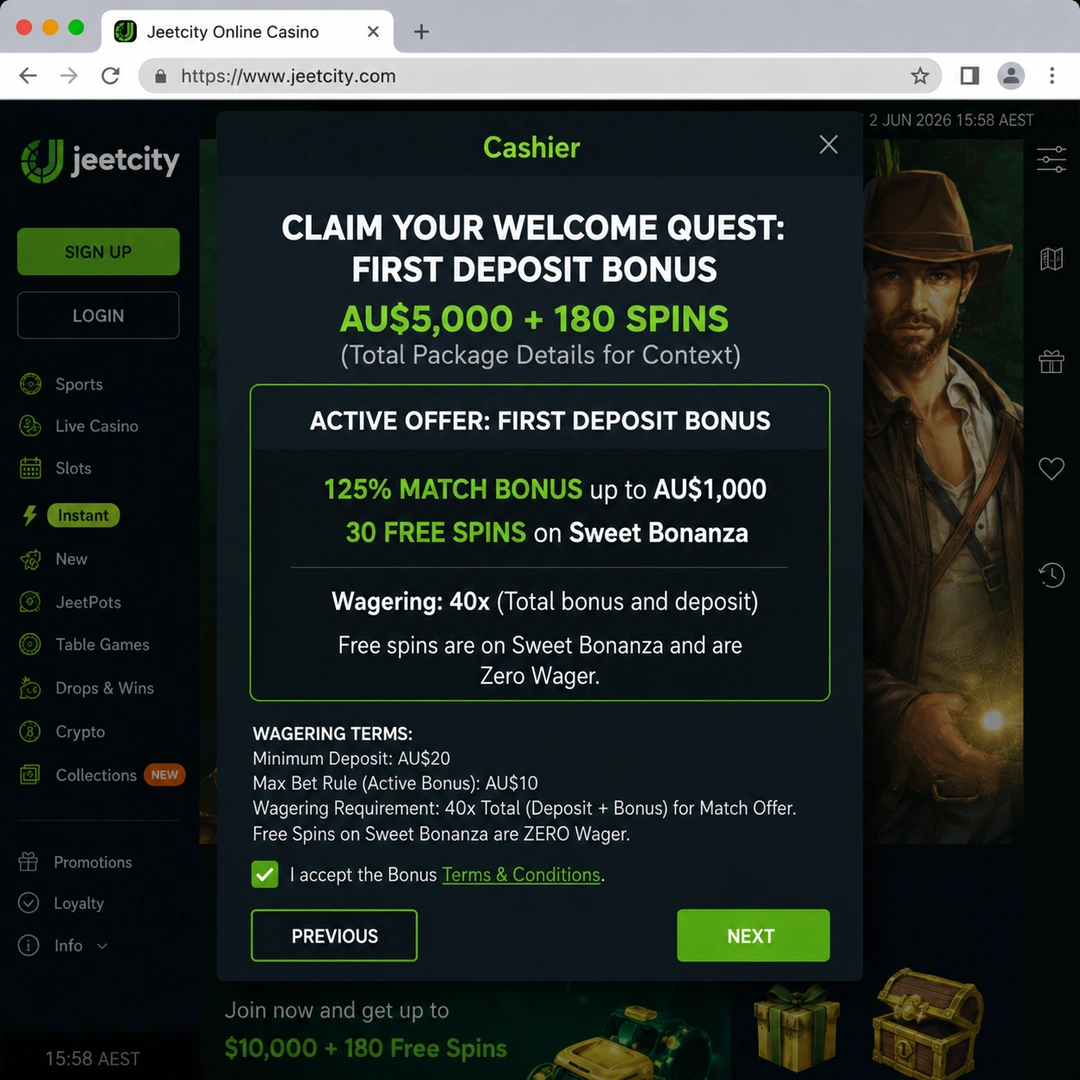 JeetCity cashier showing the first-deposit 125 percent match up to A$1,500 with 20 zero-wager free spins on Dragon Pearls, 40x wagering terms at the foot.