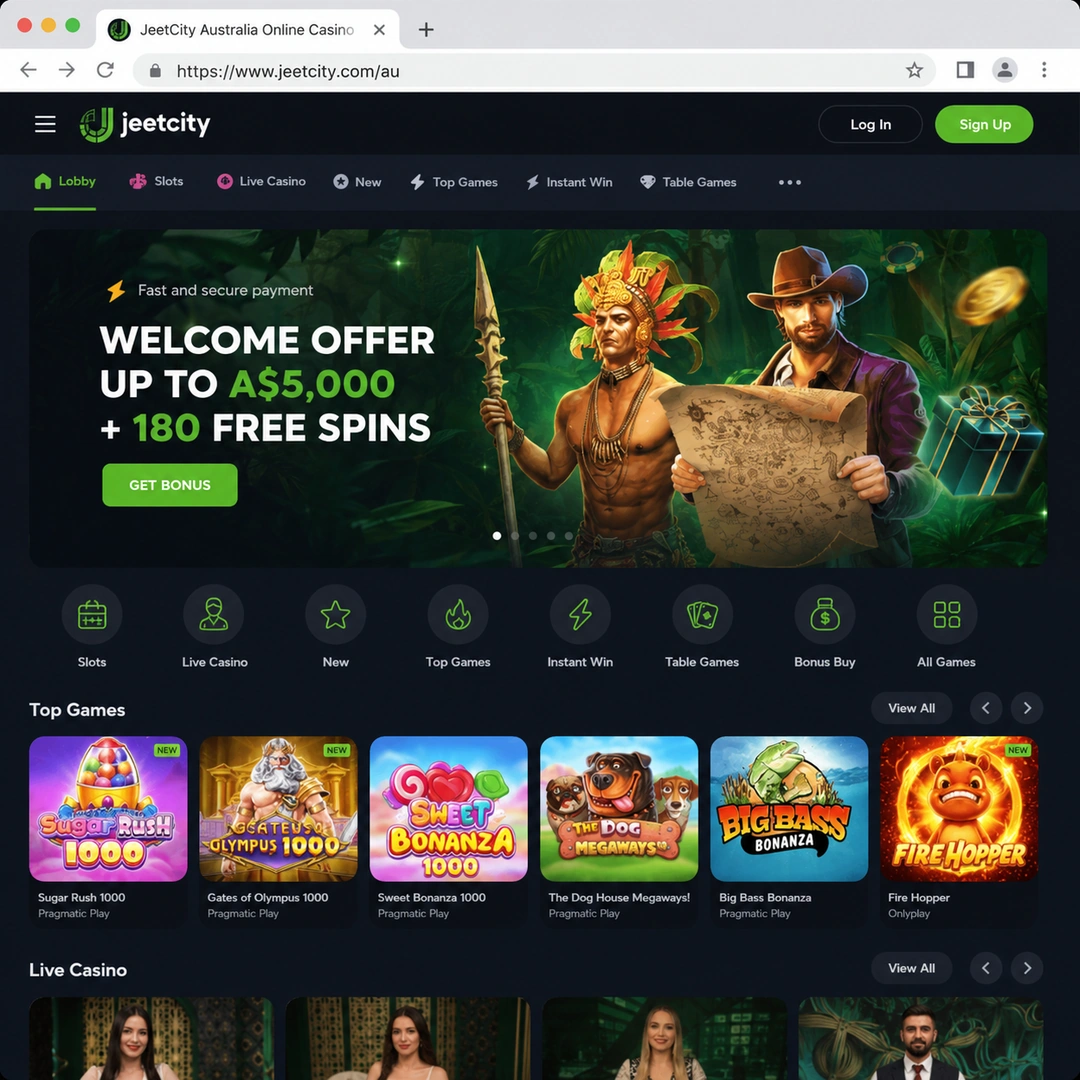 JeetCity Casino homepage open in Chrome on 18 April 2026, showing the A$7,500 five-deposit welcome banner and the main navigation.
