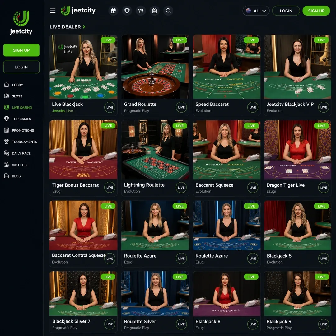 live casino lobby with blackjack, roulette, baccarat and Tiger Bonus Baccarat tables visible; the feeds are from secondary studios rather than Evolution or Pragmatic Live.