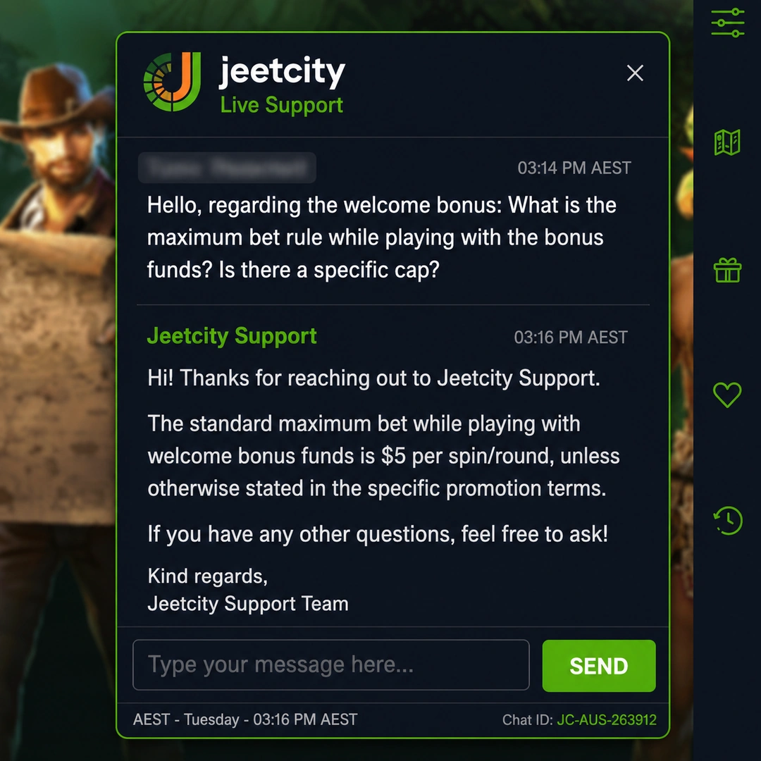 JeetCity live-chat transcript at 22:07 AEST on a Thursday: a bonus max-bet question sent 22:05, agent reply 22:07, player name redacted.