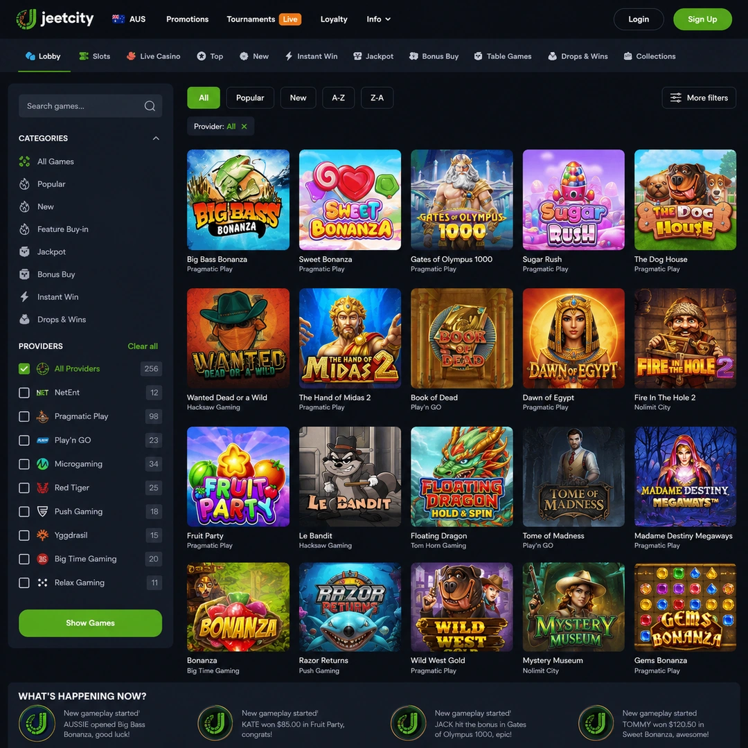 JeetCity pokies lobby with the provider filter open.