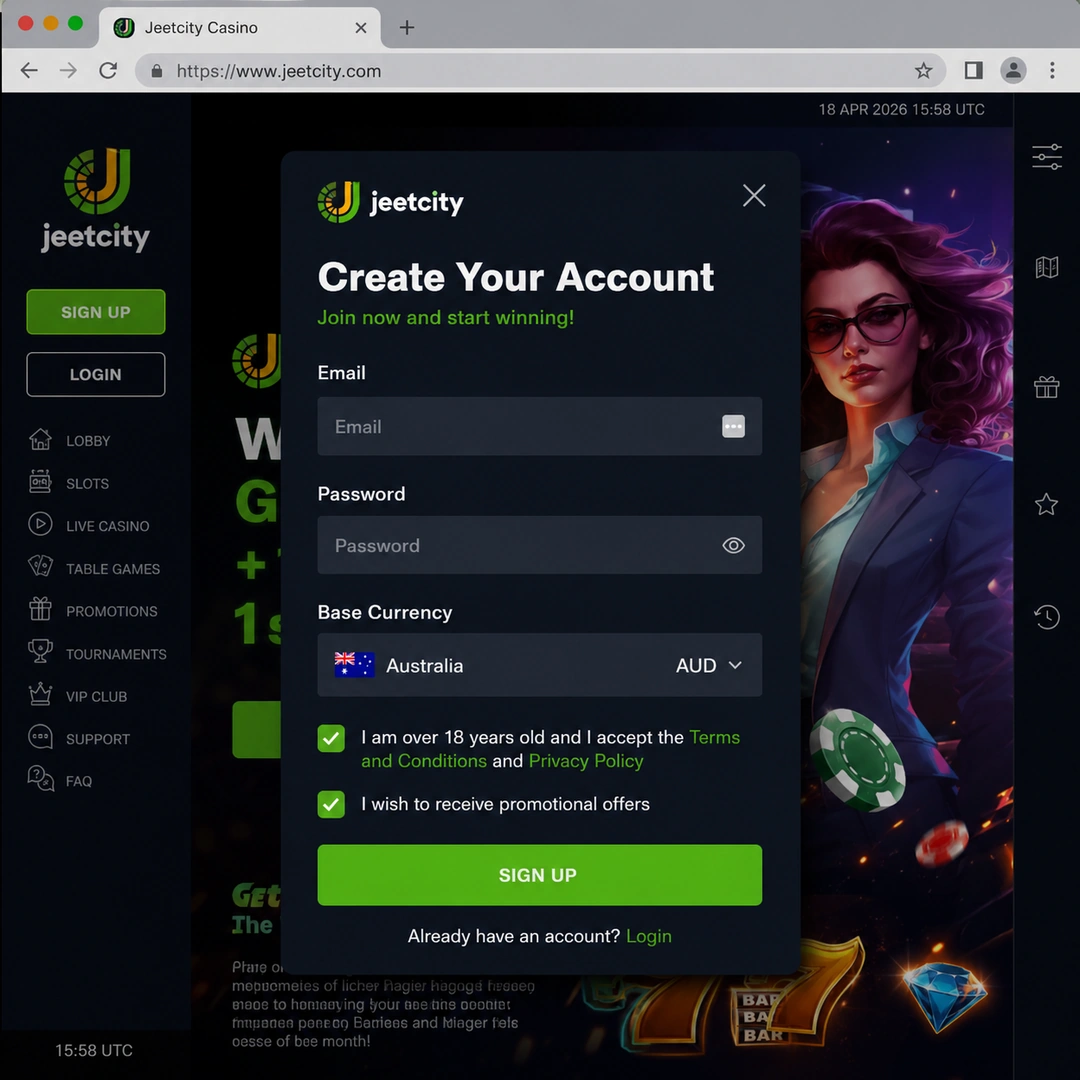 JeetCity sign-up form with AUD as base currency and the 18+ age confirmation checkbox; personal data fields redacted.
